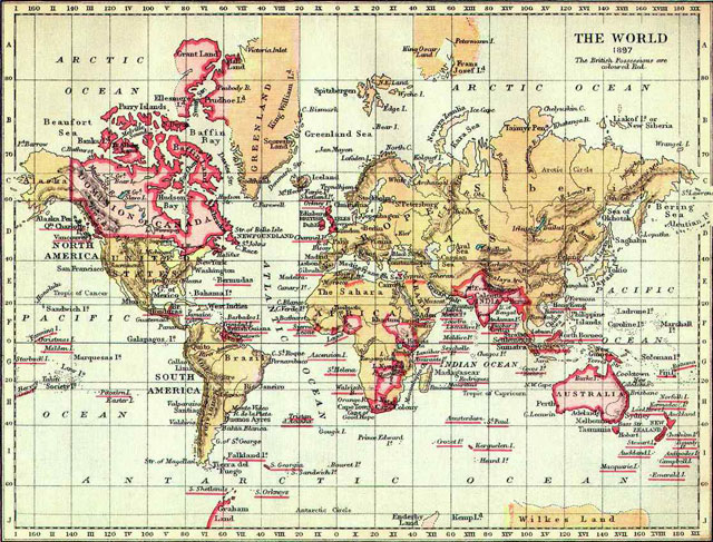 (en rouge) Les possessions de  l’Empire britannique en 1897