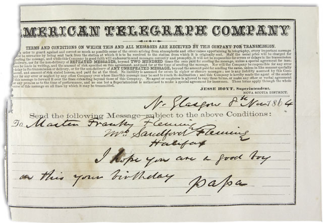 Sandford's telegram to his son Frank