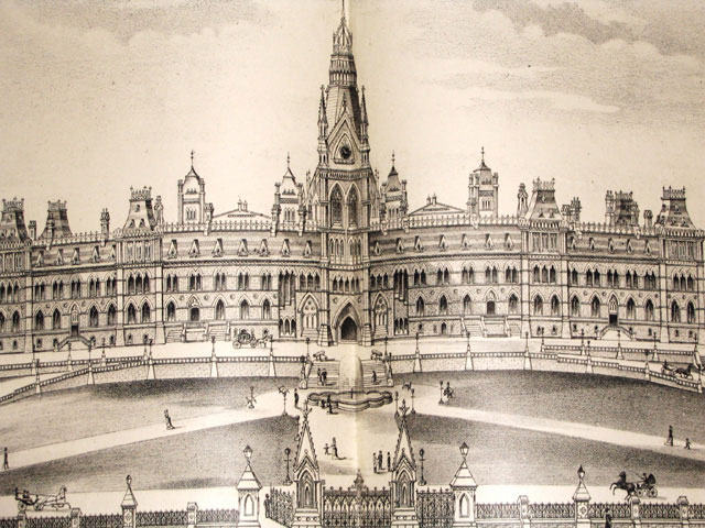 Engraving of the Parliament Buildings in Ottawa