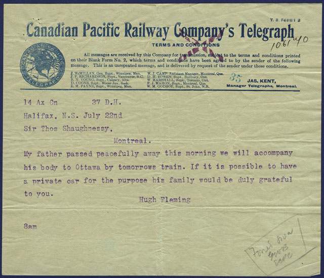 Telegram announcing the death of Sandford Fleming 