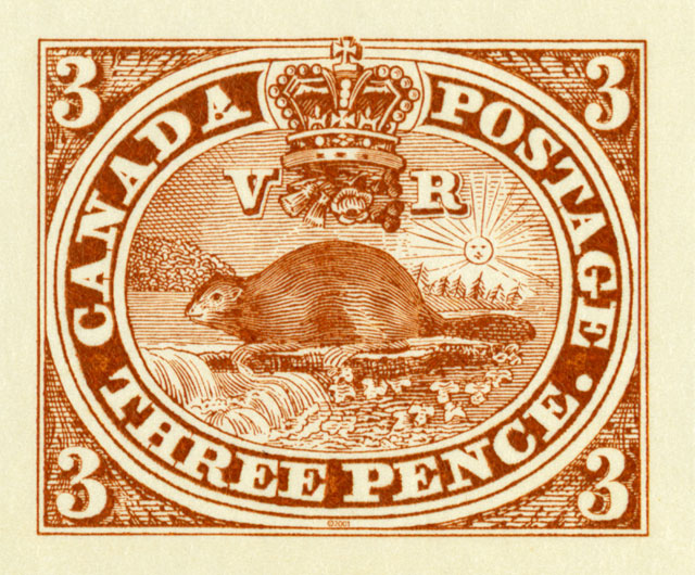 Three-pence stamp designed by Sandford Fleming in 1851