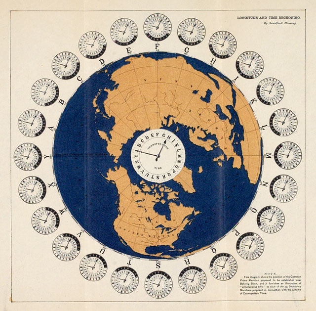 Clocks showing time around the world based on longitude